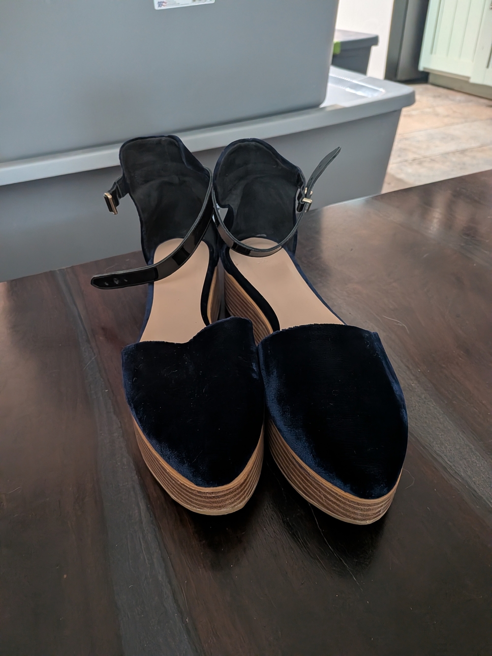 Velvet Pointed Platform Ankle-Strap Flats in Navy